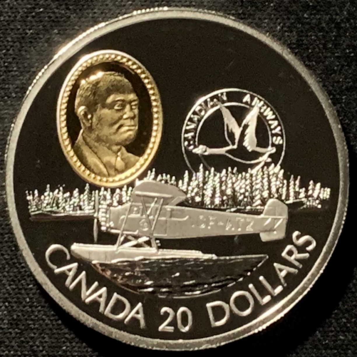 紫瑗钱币——第227期拍卖 加拿大 1993年 航空系列 飞行员 詹姆斯·理查森 20元 镶金 31.1克 0.925银 精制 原盒证书