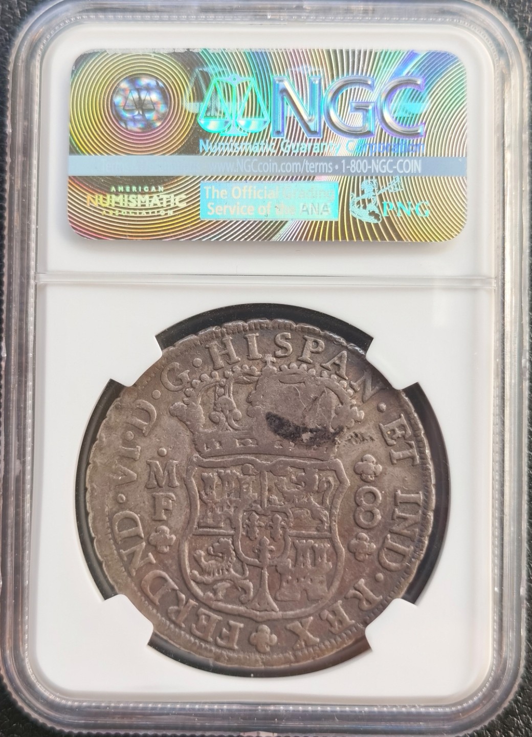 博洋堂双十一“璀璨之夜”精品专场暨第005期（全场包邮） NGC F15 莫桑比克加盖墨西哥1753年地球双柱银币，“MR”戳记，国内首见