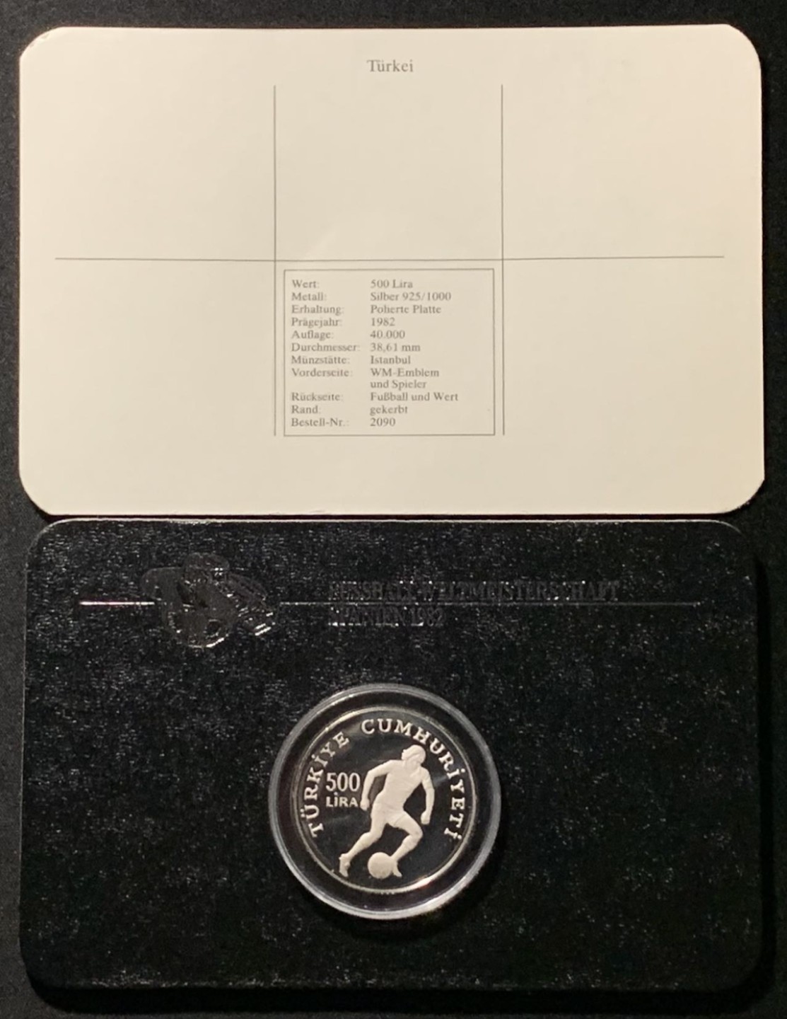 紫瑗钱币——第227期拍卖 土耳其 1982年 西班牙世界杯 足球运动员 500里拉 23.33克 0.925银 精制 德国原装卡