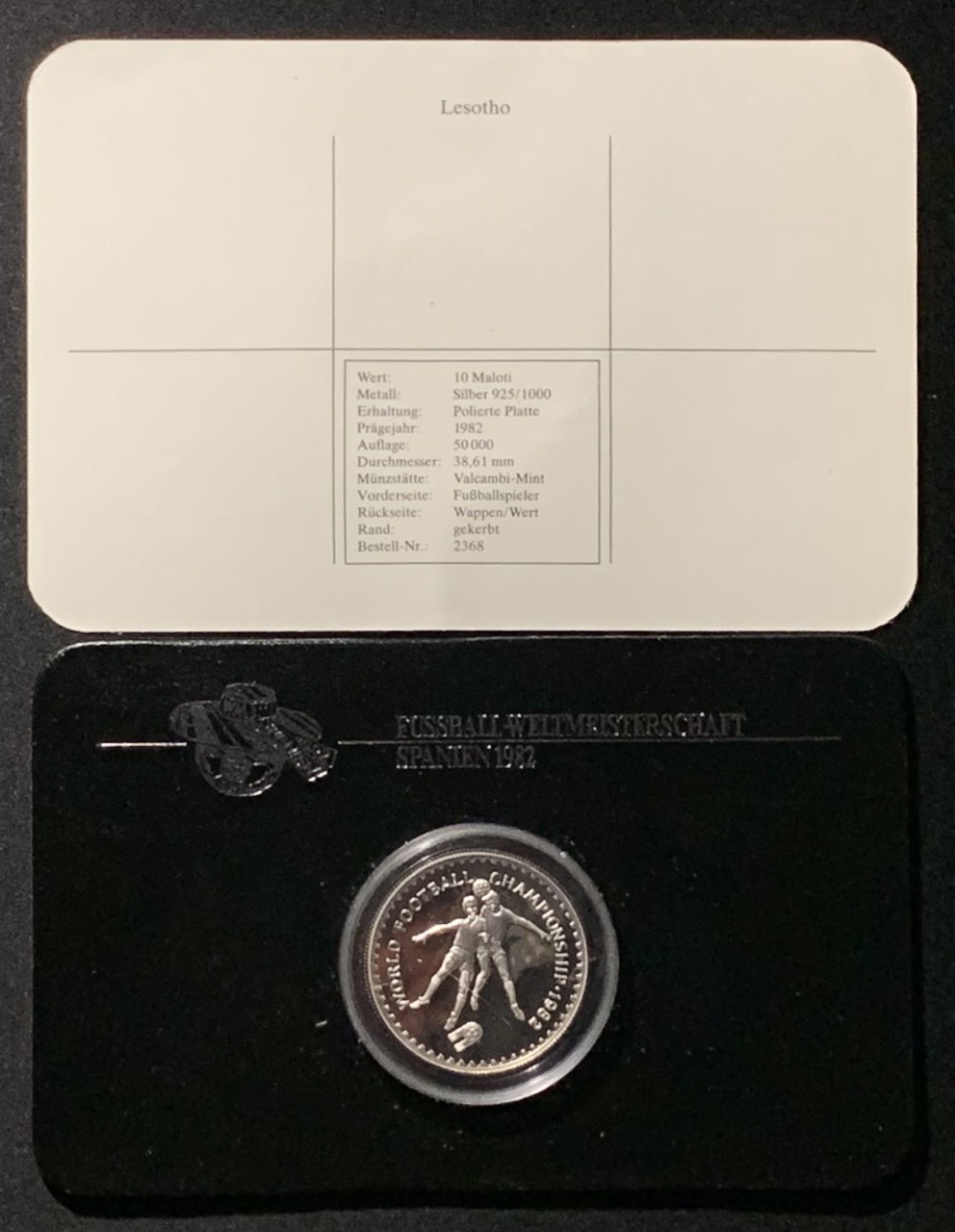 紫瑗钱币——第227期拍卖 莱索托 1982年 西班牙世界杯 争球 10马洛蒂 23.33克 0.925银 精制 德国原装卡