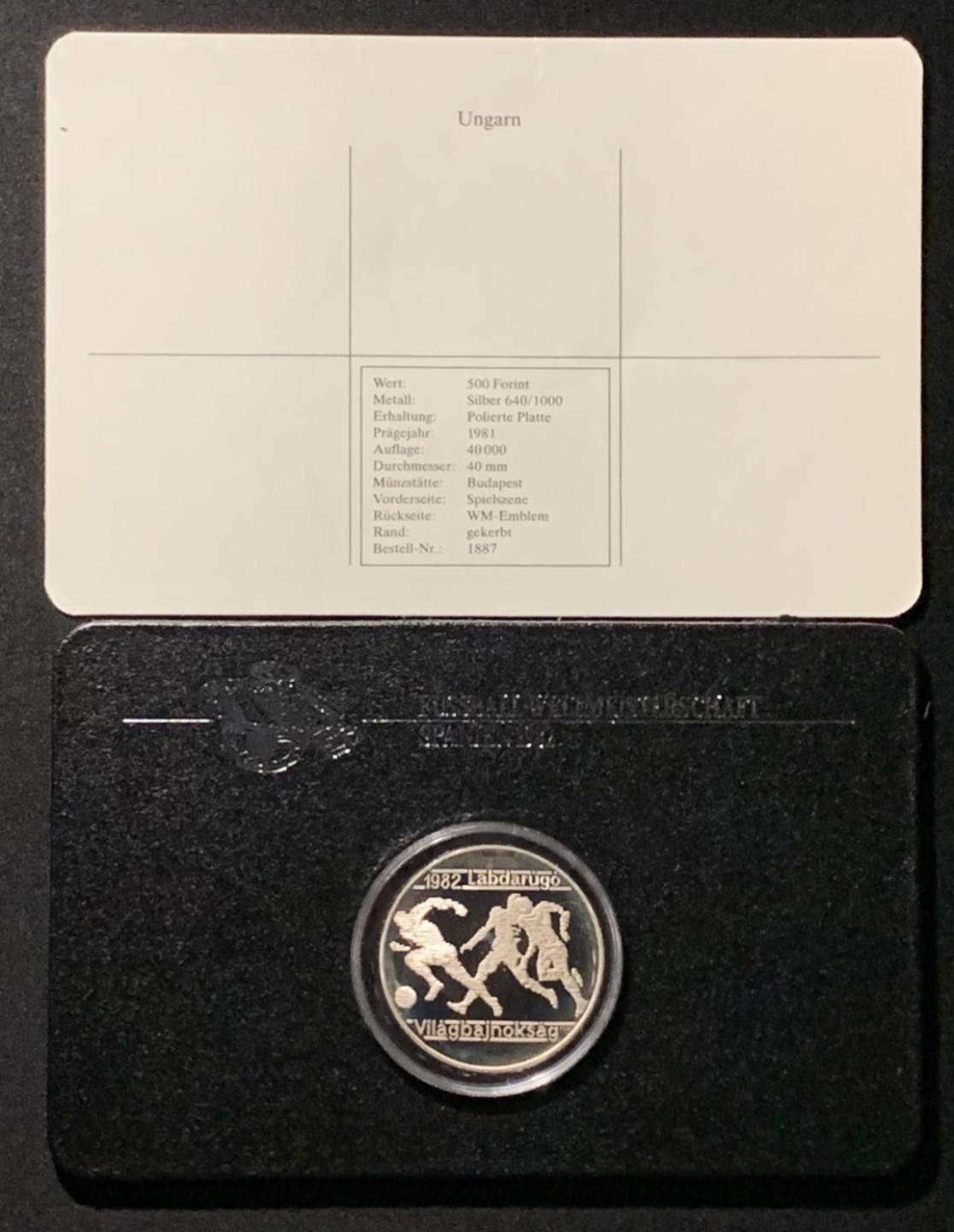 紫瑗钱币——第227期拍卖 匈牙利 1981年 西班牙世界杯 足球 500福林 28克 0.64银 精制 德国原装卡