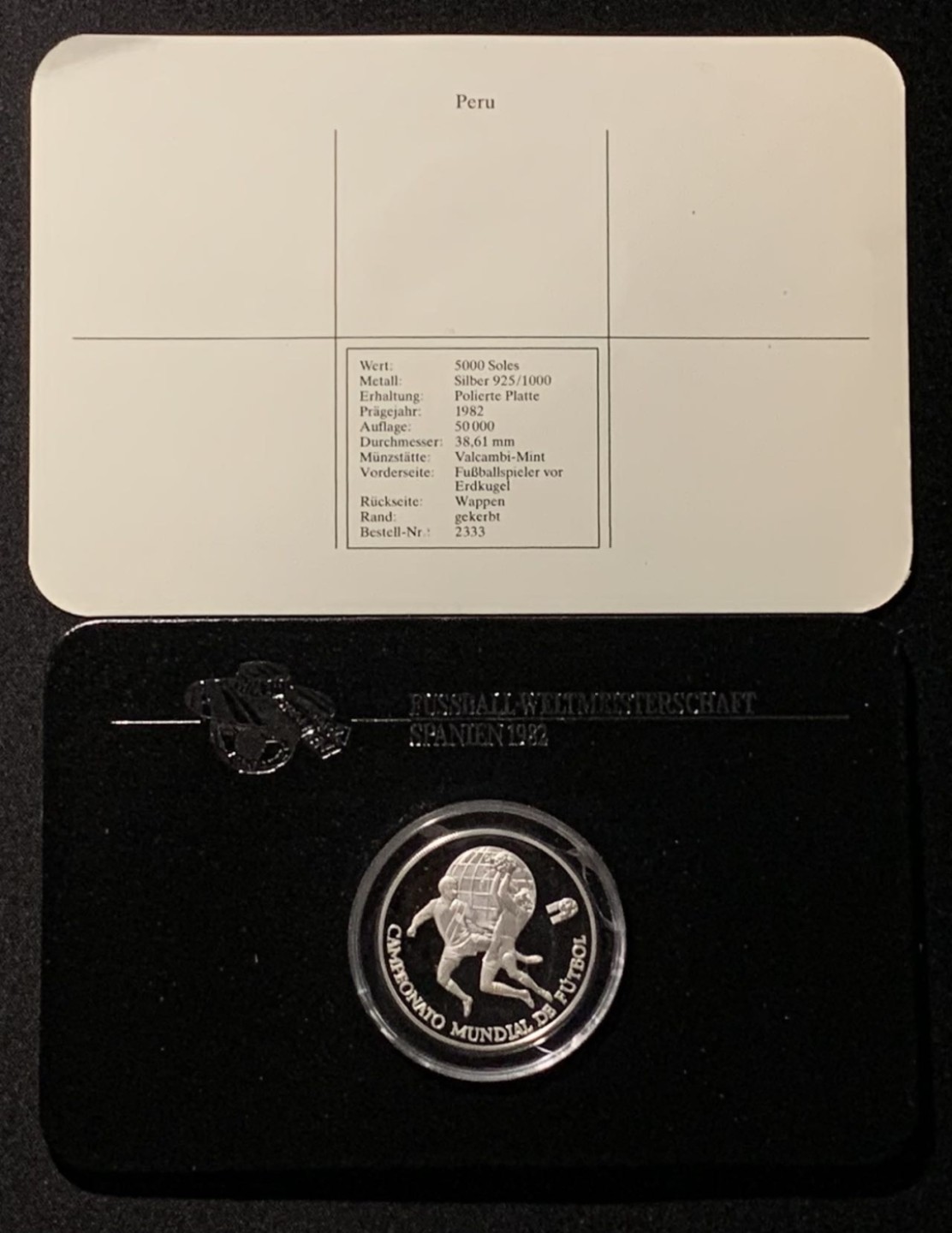 紫瑗钱币——第227期拍卖 秘鲁 1982年 西班牙世界杯 扑救 5000索尔 23.37克 0.925银 精制 德国原装卡
