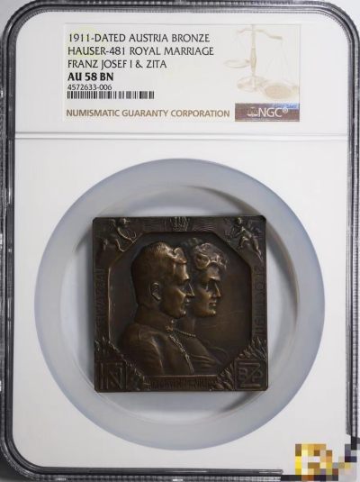 欧洲章牌-拍卖第11场 - Weinberger～1911年奥地利卡尔大公结婚纪念矩形铜章NGC AU58
