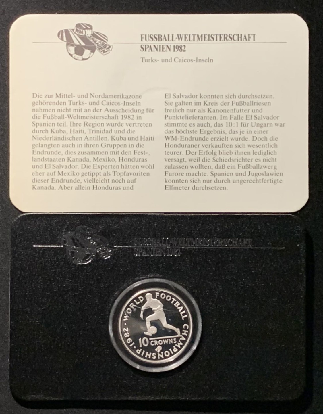 紫瑗钱币——第227期拍卖 特克斯与凯恩斯 1982年 西班牙世界杯 带球 10克朗 23.28克 0.925银 精制 德国原装卡