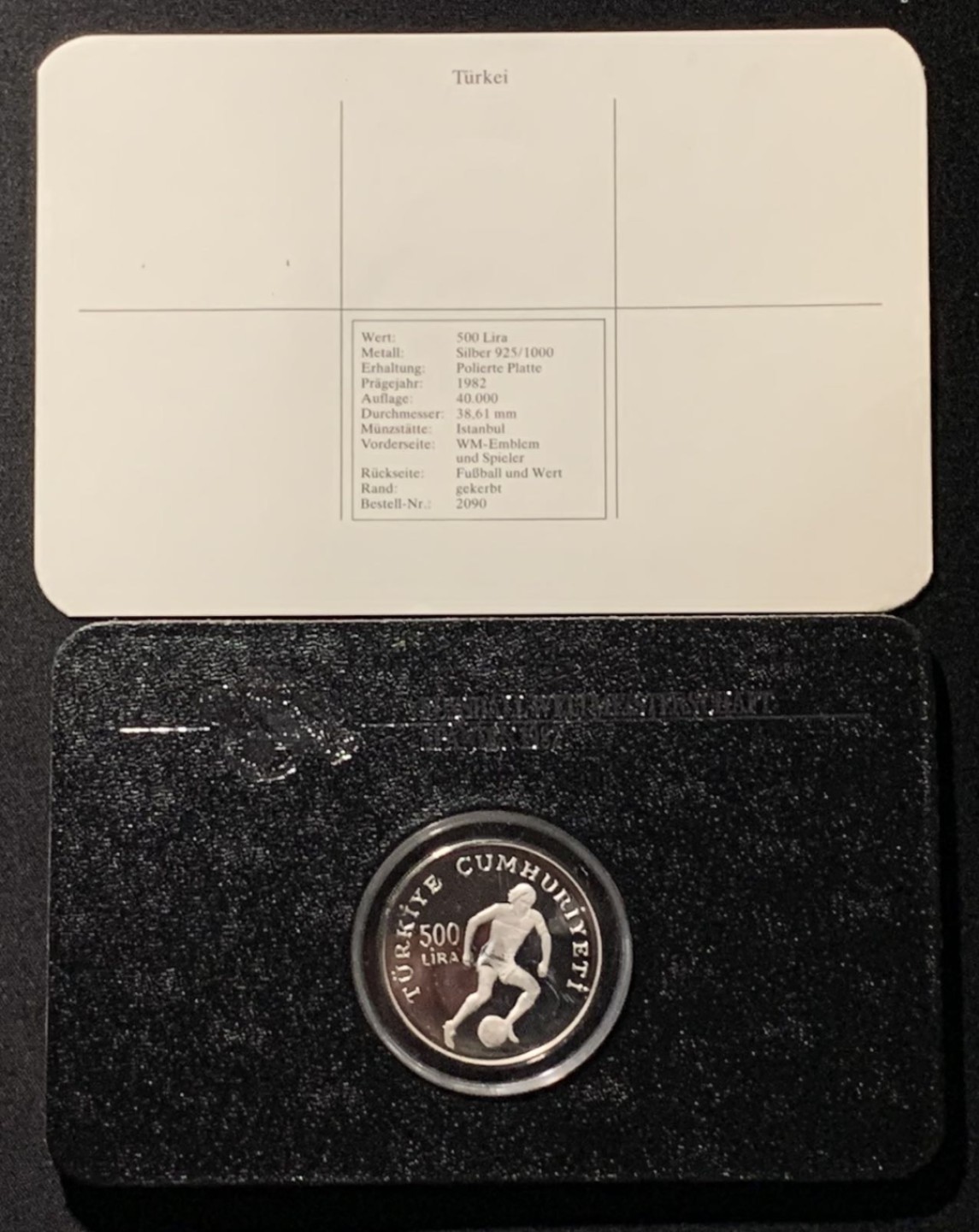 紫瑗钱币——第227期拍卖 土耳其 1982年 西班牙世界杯 足球运动员 500里拉 23.33克 0.925银 精制 德国原装卡