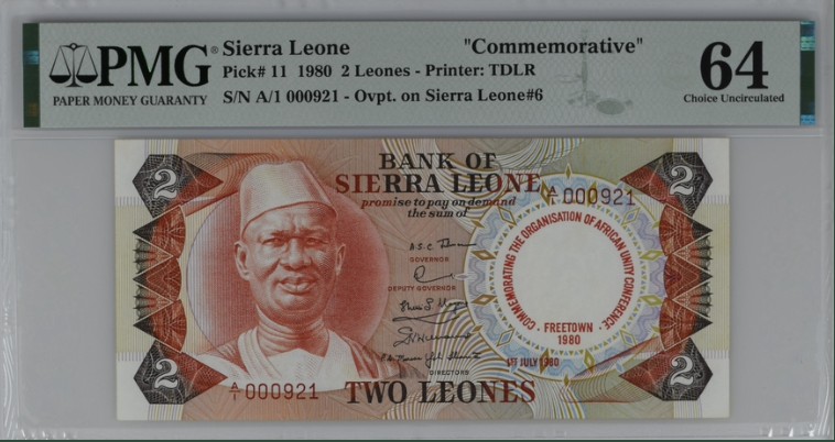 收藏联盟Quantum Auction 第207期拍卖 塞拉利昂1980年2里昂 PMG64 首发百位号 非洲会议纪念钞