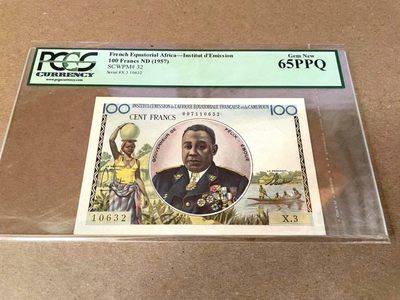 【Blue Auction】✨世界纸币精拍第248期（周六畅拍场） - 【无47 升值品种】法属赤道非洲 1957年100法郎 PCGS65EPQ 绿标绝品