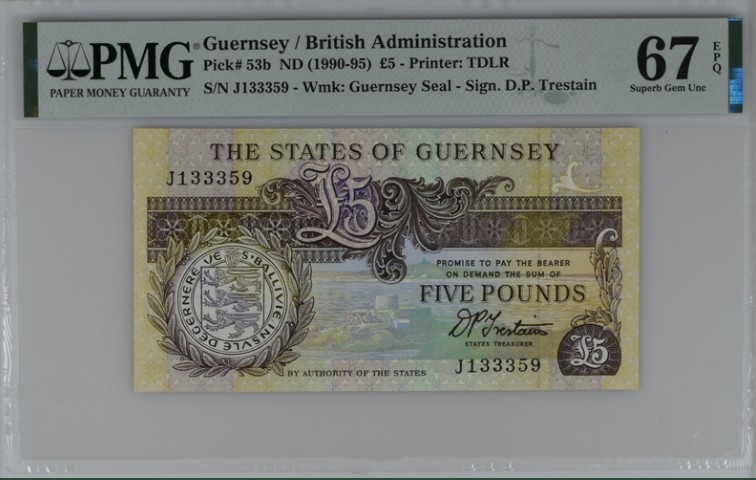 收藏联盟Quantum Auction 第207期拍卖 格恩西岛1990-95年5镑 PMG67 内带豹子号333 德纳罗创始人托马斯 