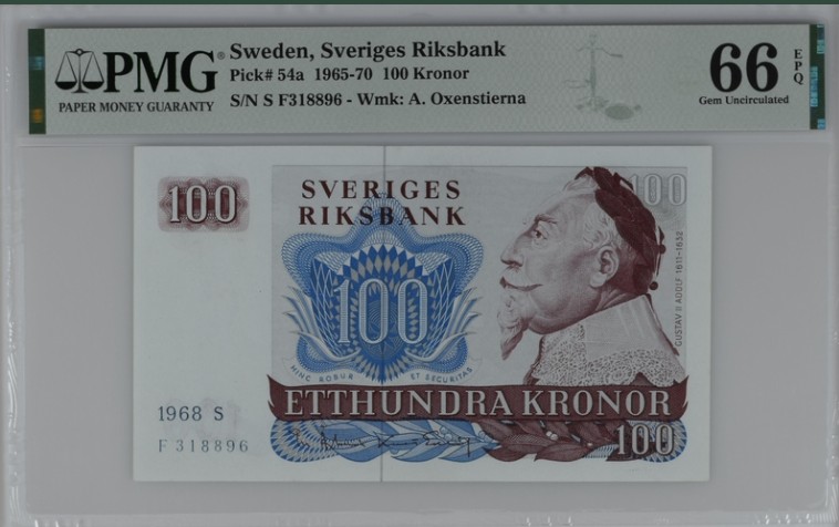 收藏联盟Quantum Auction 第207期拍卖 瑞典1968年100克朗 PMG66 a版