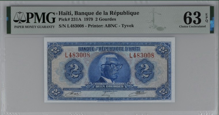 收藏联盟Quantum Auction 第207期拍卖 海地1979年2古德 tyvek塑料基纸 塑料钞先驱 PMG63e