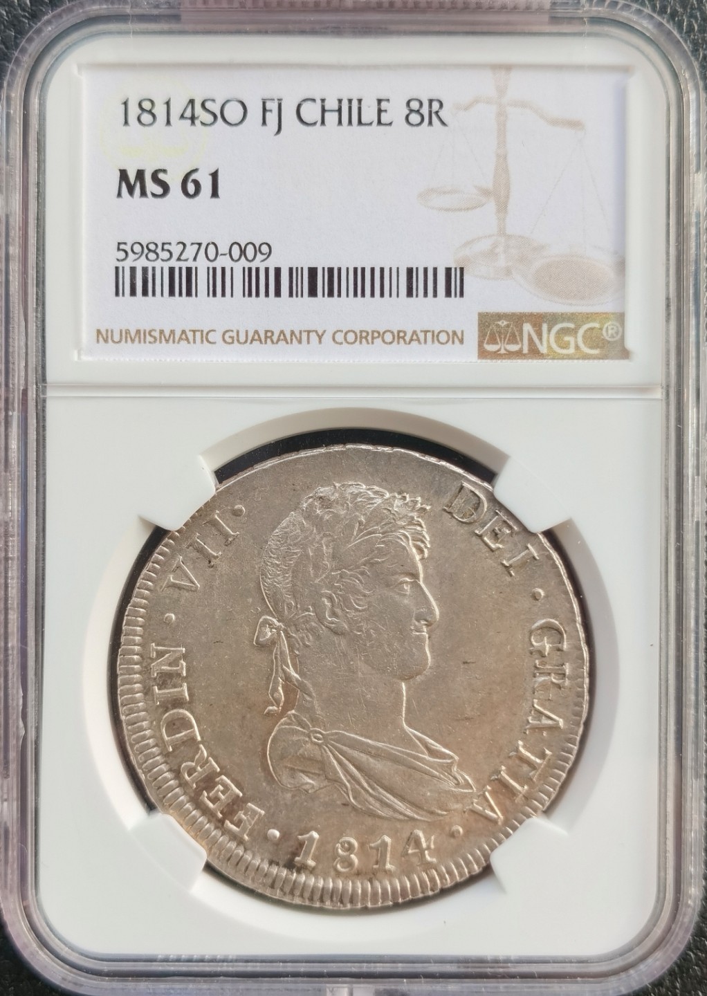 博洋堂双十一“璀璨之夜”精品专场暨第005期（全场包邮） NGC MS61 西属智利1814年费七双柱银币，西属名誉精品