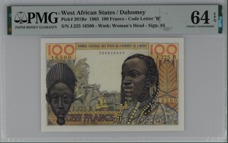 收藏联盟Quantum Auction 第207期拍卖 法属西非/达荷美1965年100法郎 PMG64