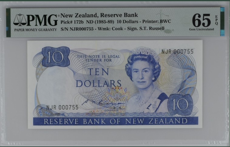 收藏联盟Quantum Auction 第207期拍卖 新西兰1985-89年10元 PMG65 百位号无4