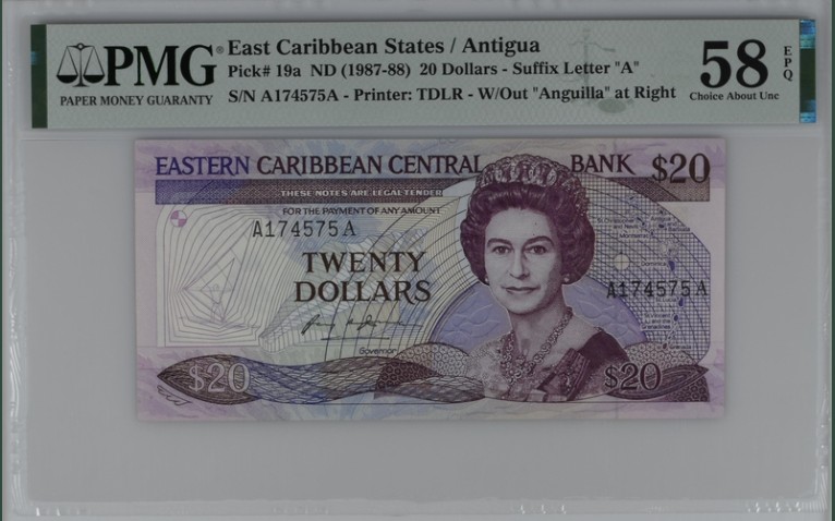收藏联盟Quantum Auction 第207期拍卖 东加勒比国家(安提圭)1987年20元 PMG58 首发A冠 小彩背版