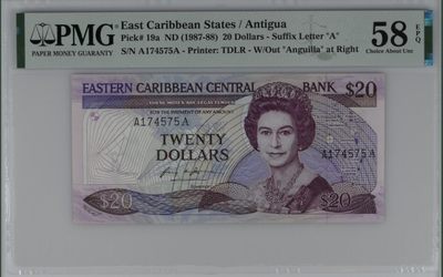 收藏联盟Quantum Auction 第207期拍卖 - 东加勒比国家(安提圭)1987年20元 PMG58 首发A冠 小彩背版