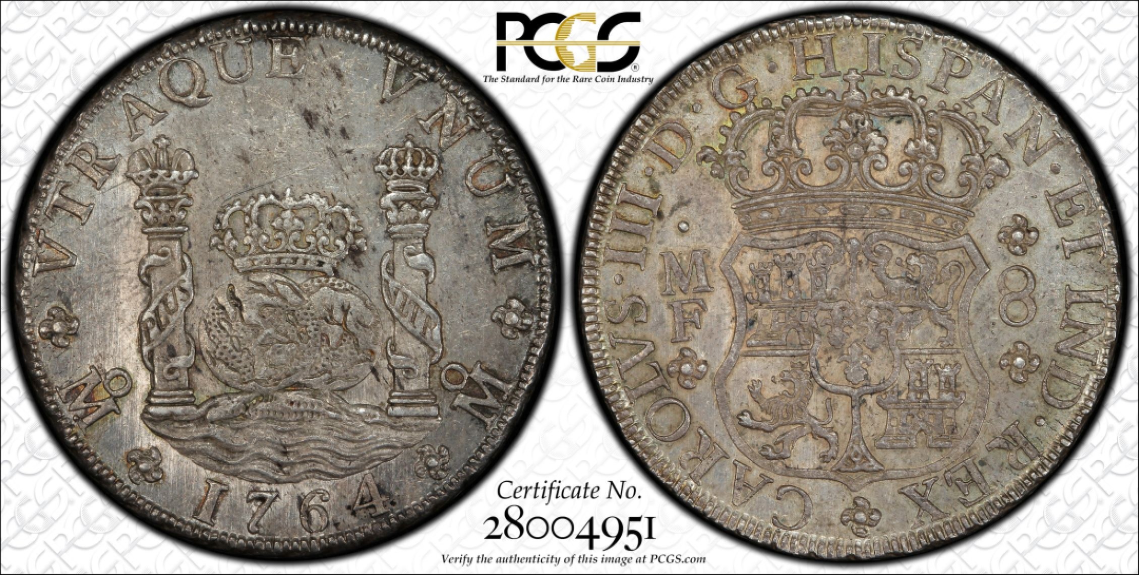 博洋堂双十一“璀璨之夜”精品专场暨第005期（全场包邮） PCGS MS61 西属墨西哥1764年卡三地球双柱，原味深打，PCGS季军