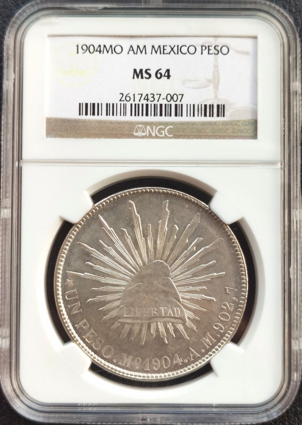博洋堂双十一“璀璨之夜”精品专场暨第005期（全场包邮） NGC MS64 墨西哥1904年MO AM 1比索 直边鹰洋