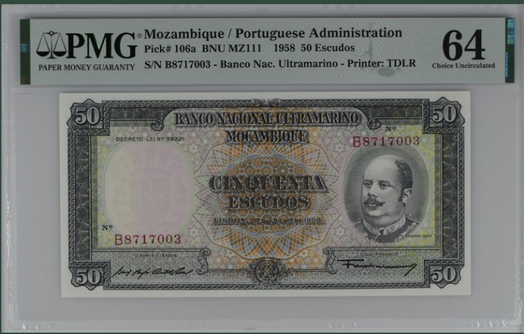 收藏联盟Quantum Auction 第207期拍卖 莫桑比克1958年50埃斯库多 PMG64 德纳罗代印 未加盖少见