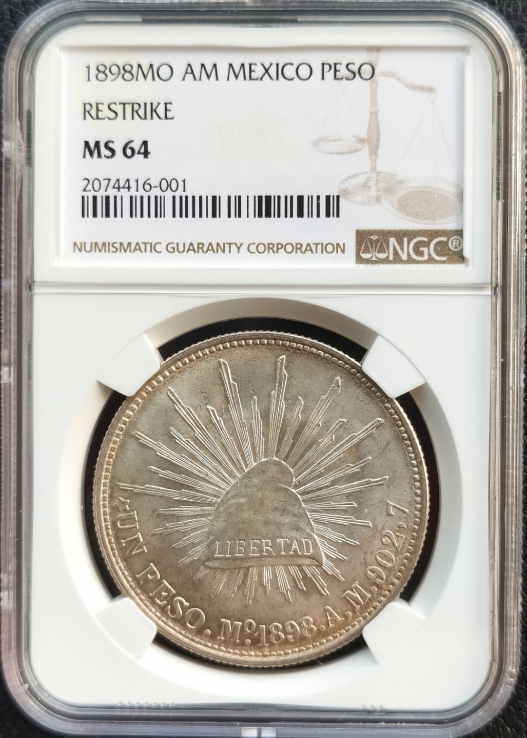 博洋堂双十一“璀璨之夜”精品专场暨第005期（全场包邮） NGC MS64 墨西哥1898年MO AM 1比索 直边鹰洋 RESTRIKE