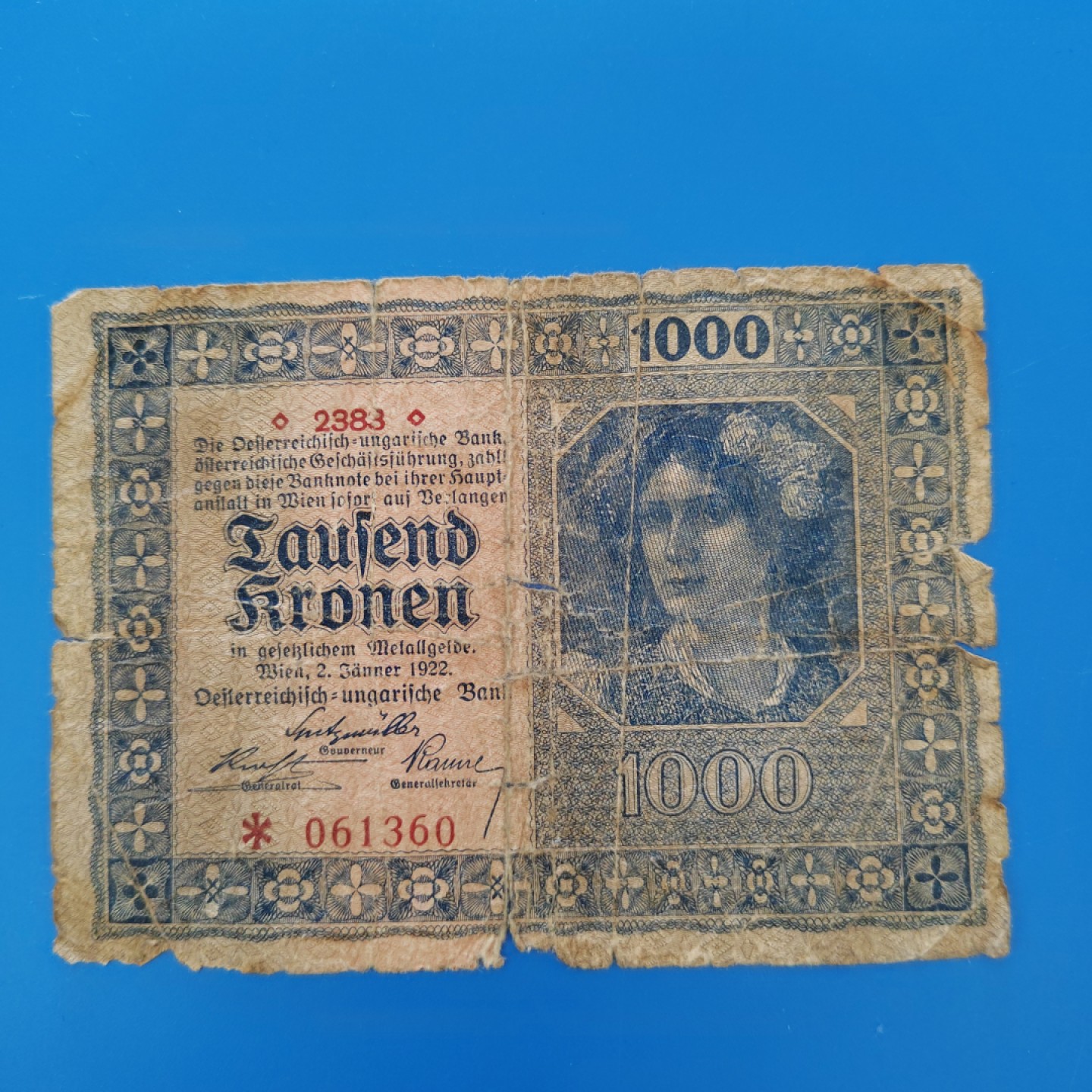 王之爱好～外国纸币 1922年，1000克朗，奥地利纸币