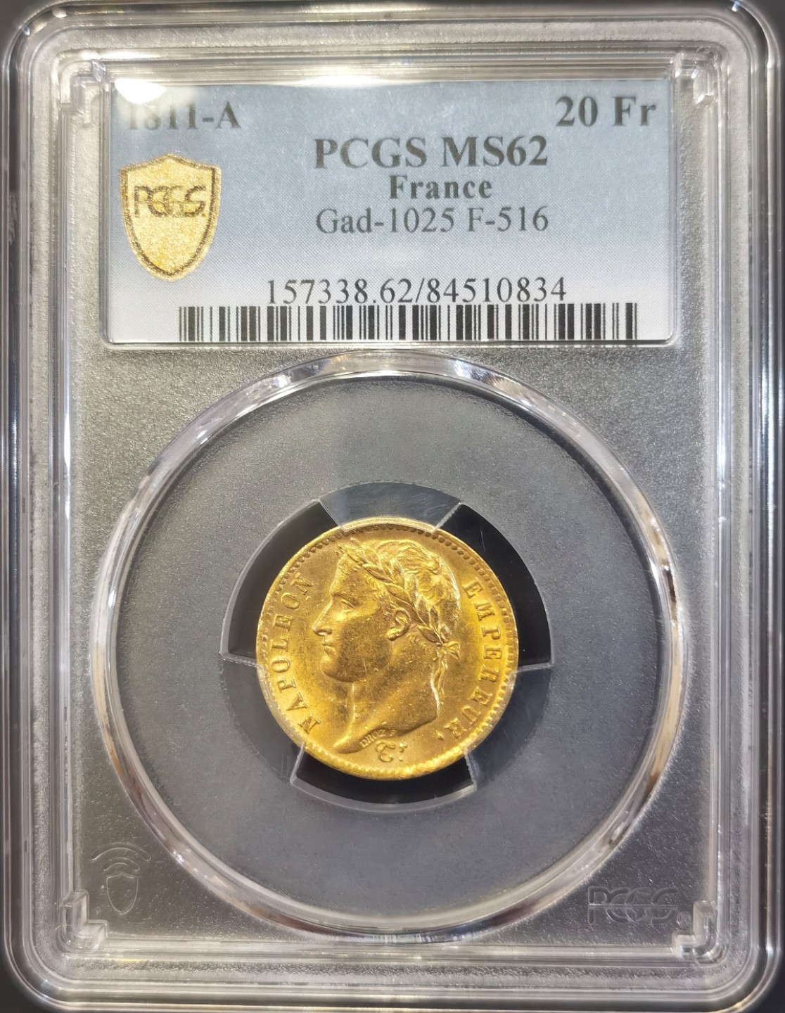 博洋堂双十一“璀璨之夜”精品专场暨第005期（全场包邮） PCGS MS62 法国1811年20法郎金币，高“1”小版别，1811最后1个1字比正常位置高很多