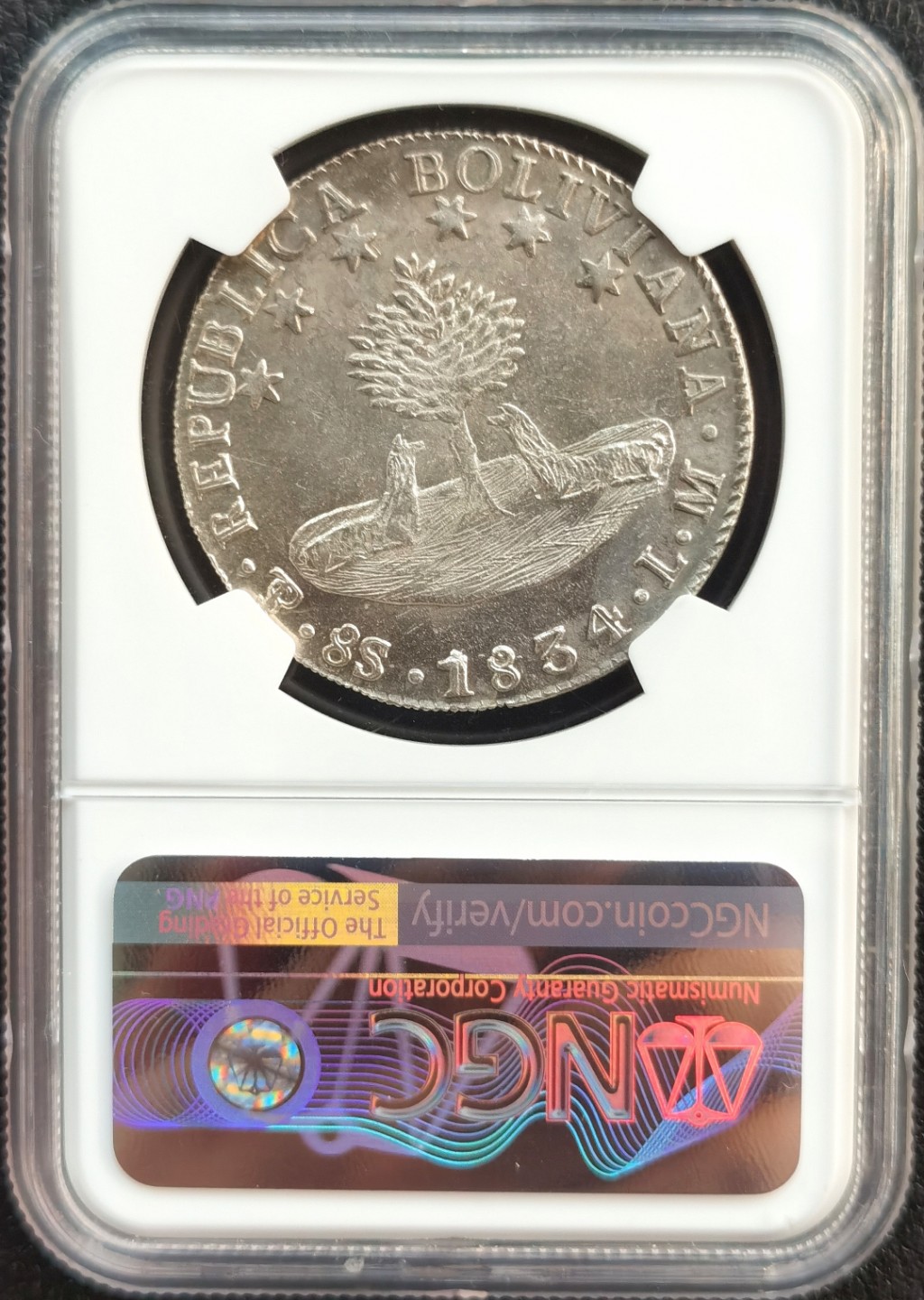 博洋堂双十一“璀璨之夜”精品专场暨第005期（全场包邮） NGC MS62+ 玻利维亚1834年8索尔，全深打