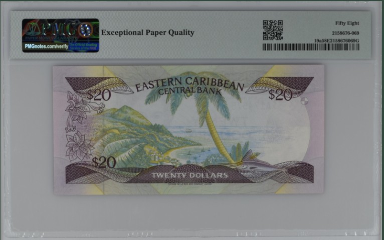 收藏联盟Quantum Auction 第207期拍卖 东加勒比国家(安提圭)1987年20元 PMG58 首发A冠 小彩背版