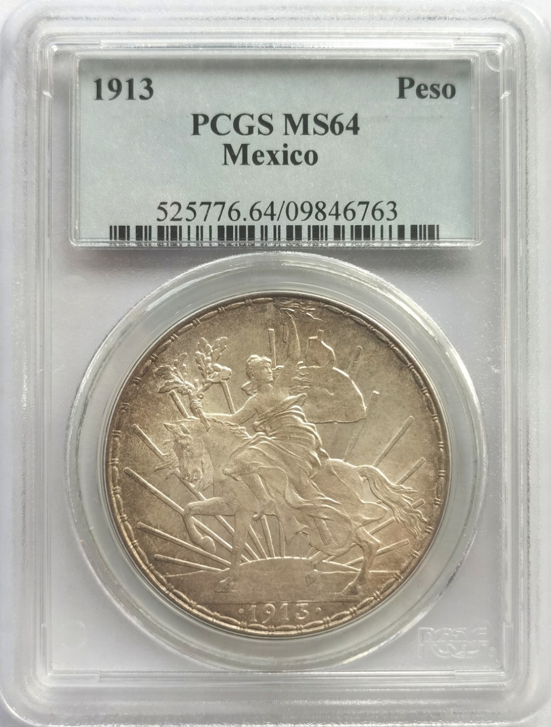 博洋堂双十一“璀璨之夜”精品专场暨第005期（全场包邮） PCGS MS64 墨西哥1913年骑马鹰洋1比索大银币，老白盒状态佳，大热门品种