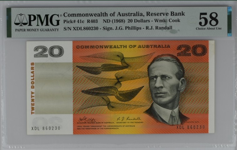收藏联盟Quantum Auction 第207期拍卖 澳大利亚1968年20元 PMG58 早期版本 较少 澳大利亚最负盛名的飞行员 金斯福德.史密斯