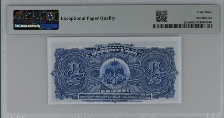 收藏联盟Quantum Auction 第207期拍卖 海地1979年2古德 tyvek塑料基纸 塑料钞先驱 PMG63e
