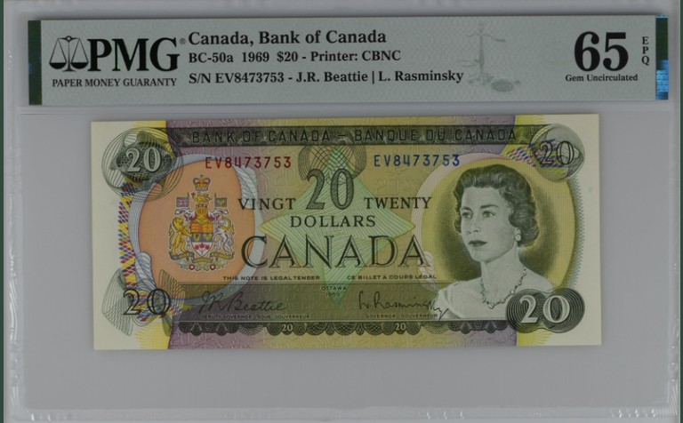 收藏联盟Quantum Auction 第207期拍卖 加拿大1969年20元 PMG65 洛基山脉 少见a版