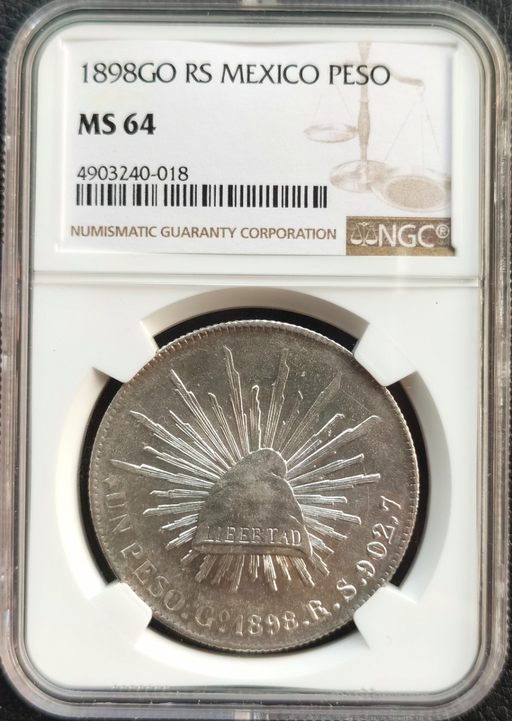 博洋堂双十一“璀璨之夜”精品专场暨第005期（全场包邮） NGC MS64 墨西哥1898年GO RS 1比索 直边鹰洋 NGC亚军