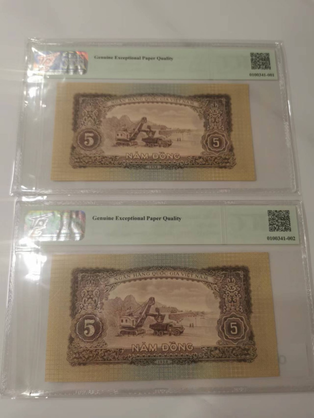 【TQG评级藏品专场拍卖】第一期★鲸贝乐淘评级代理★两拍包邮 【TQG68E冠军分★中国代印★越南🇻🇳五星水印】1958年5盾2张1对