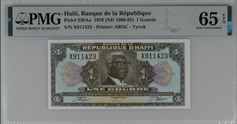 收藏联盟Quantum Auction 第207期拍卖 海地1980-82年1古德   tyvek塑料基纸 塑料钞先驱PMG65E