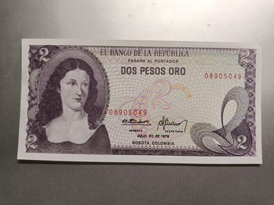 【专场20221109】巾帼不让须眉第II期——女性元素纸币专场 - 【拍品001】哥伦比亚1976年2比索全新UNC