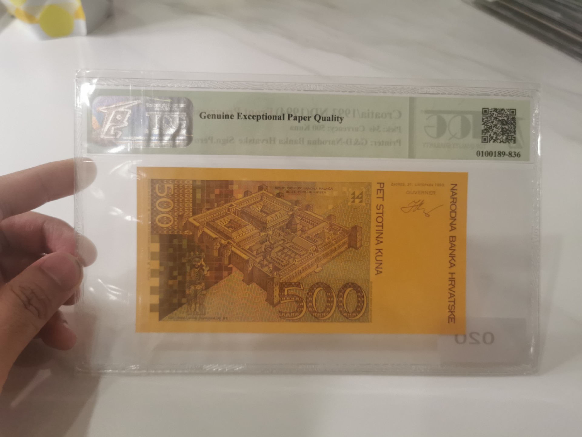 【TQG评级藏品专场拍卖】第一期★鲸贝乐淘评级代理★两拍包邮 【TQG68E★试印样票★克罗地亚🇭🇷】1994年500库纳，试印样票正面底纹