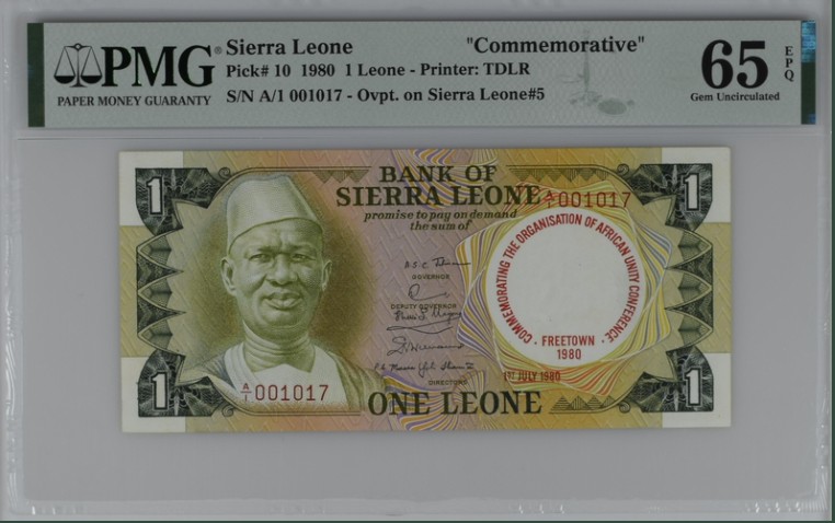 收藏联盟Quantum Auction 第207期拍卖 塞拉利昂1980年1里昂 PMG65 首发A/1冠千位号 非洲会议纪念钞