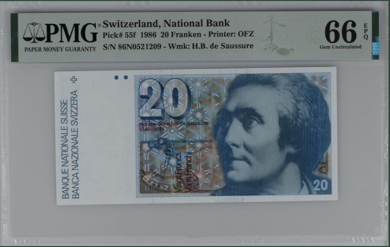 收藏联盟Quantum Auction 第207期拍卖 瑞士1986年20法郎 PMG66 阿尔卑斯登山队