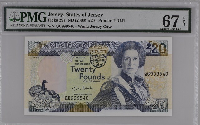 收藏联盟Quantum Auction 第207期拍卖 泽西岛2000年20镑 PMG67 豹子号999开头