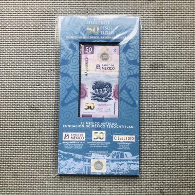 54th ¥¥ 🇲🇽墨西哥2021年50比索塑料钞 千位号（官方纸册和亚克力） IBNS获奖钞 - AA0005653（官方册子）