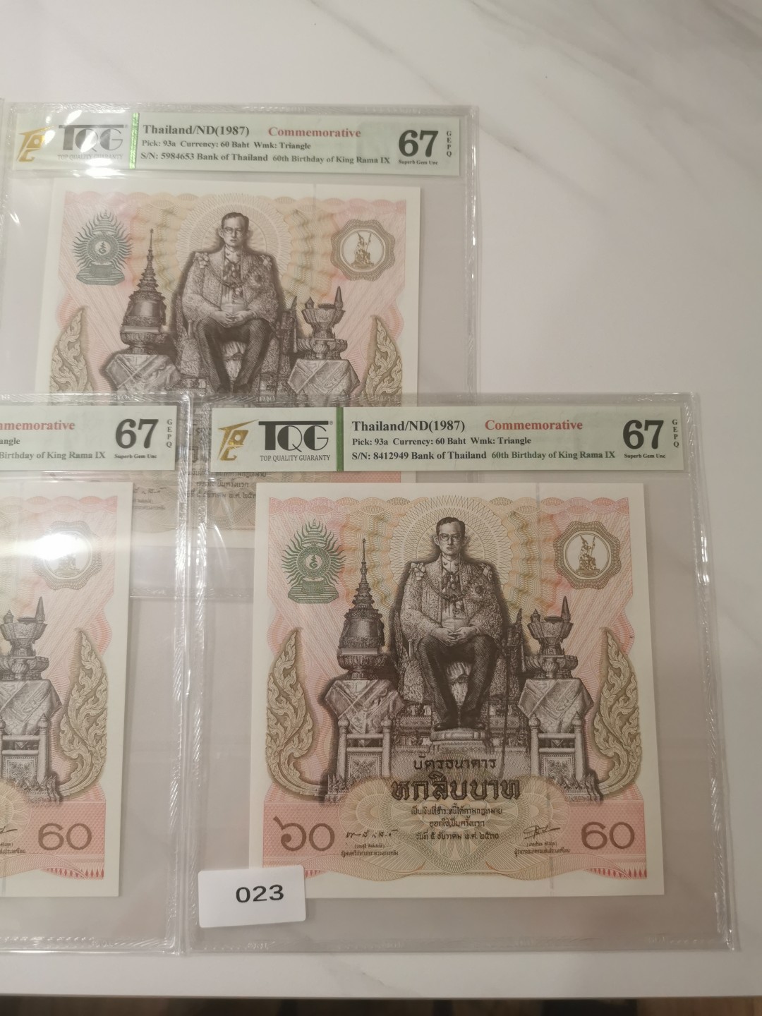 【TQG评级藏品专场拍卖】第一期★鲸贝乐淘评级代理★两拍包邮 【TQG67E★泰国🇹🇭★5张大票幅】1987年泰国国王60周年纪念钞正方形大票，5张