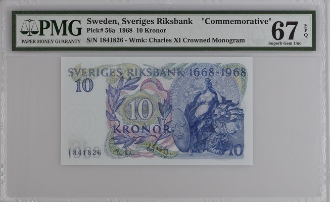 收藏联盟Quantum Auction 第207期拍卖 瑞典1968年10克朗纪念钞 PMG67
