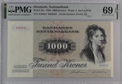 【Blue Auction】✨世界纸币精拍第248期（周六畅拍场） - 【近满分罕见 无47】丹麦 1980年1000克朗 经典大松鼠 PMG69EPQ 超高分