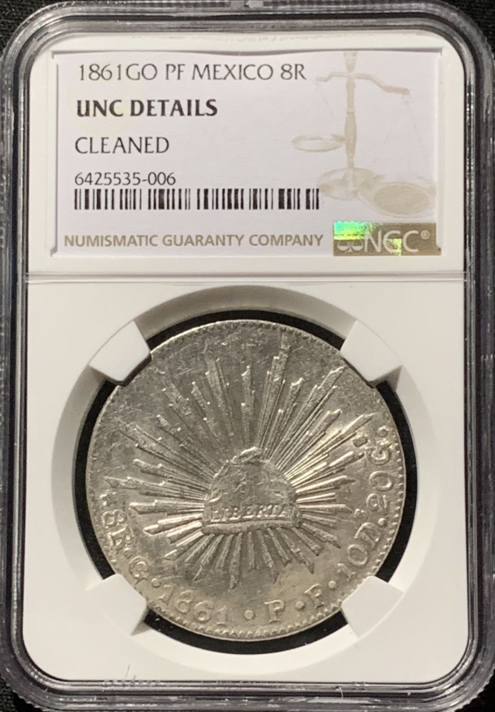 紫瑗钱币——第227期拍卖 墨西哥 1861年 GO PF 在华流通 花边鹰洋 8里亚尔 银币 NGC UNC Detail