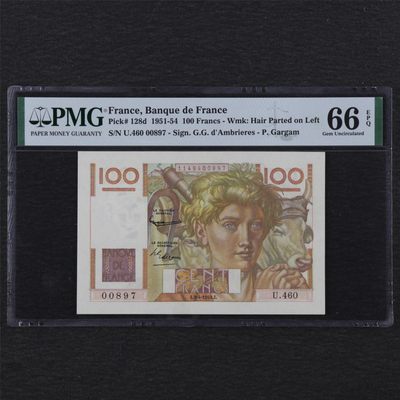 【亘邦集藏】第140期拍卖 - 1951-54年 法国100法郎 PMG 66EPQ 460 00897