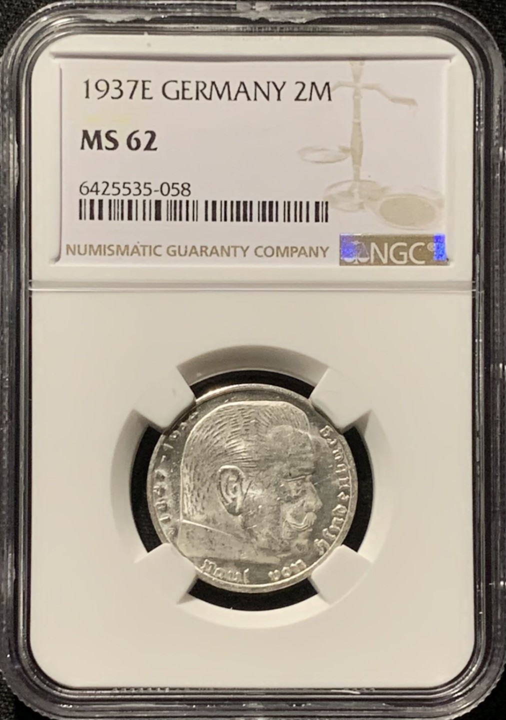 紫瑗钱币——第260期拍卖 德国 1937年 E版 兴登堡 2马克 银币 NGC MS62