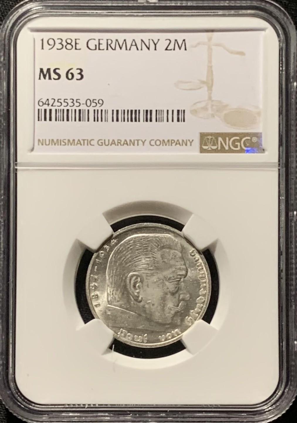 紫瑗钱币——第227期拍卖 德国 1938年 E版 兴登堡 字符版 2马克 银币 NGC MS63