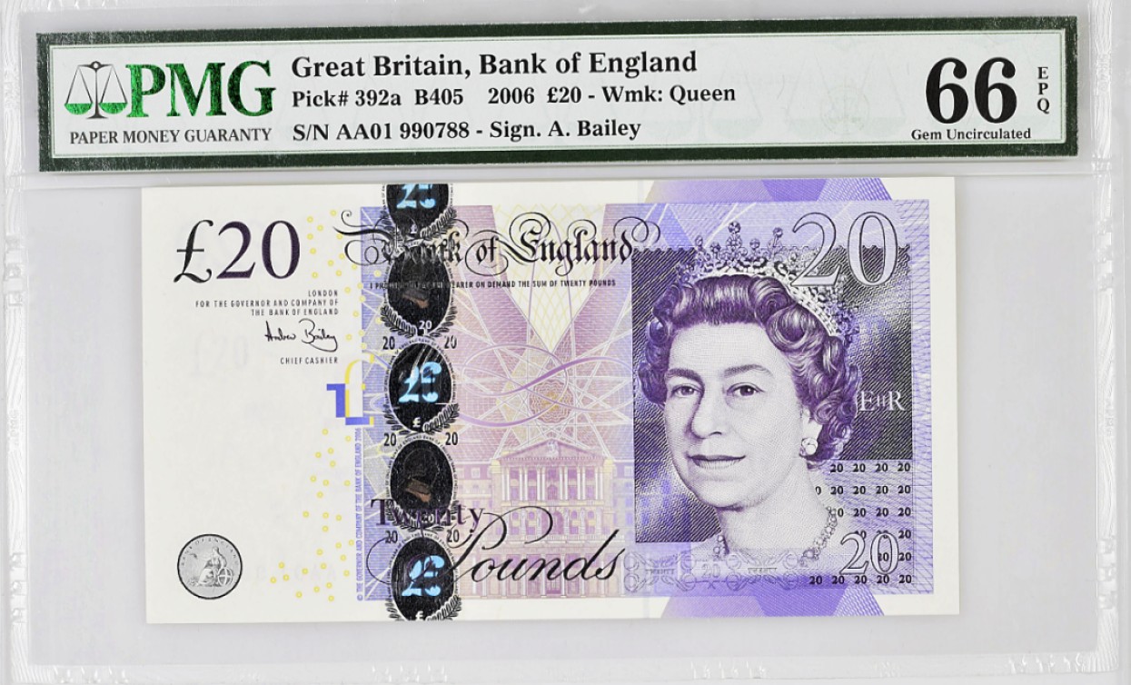 《张总收藏》79期——外币精品 英国F序列20镑首发A01冠PMG66E 靓号无4尾88 2006年