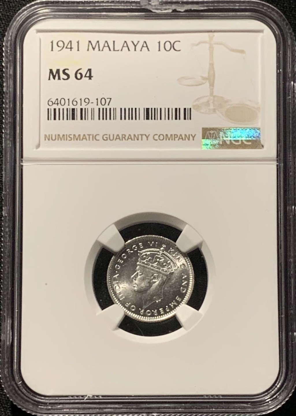 紫瑗钱币——第227期拍卖 马来亚 1941年 乔治六世 10分 银币 NGC MS64