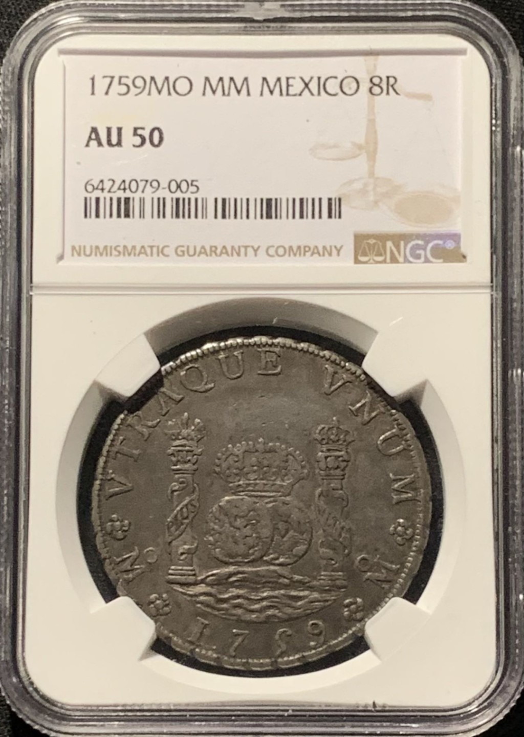 紫瑗钱币——第227期拍卖 墨西哥 1759年 MO MM 在华流通 地球双柱 8里亚尔 银币 NGC AU50 熟美包浆